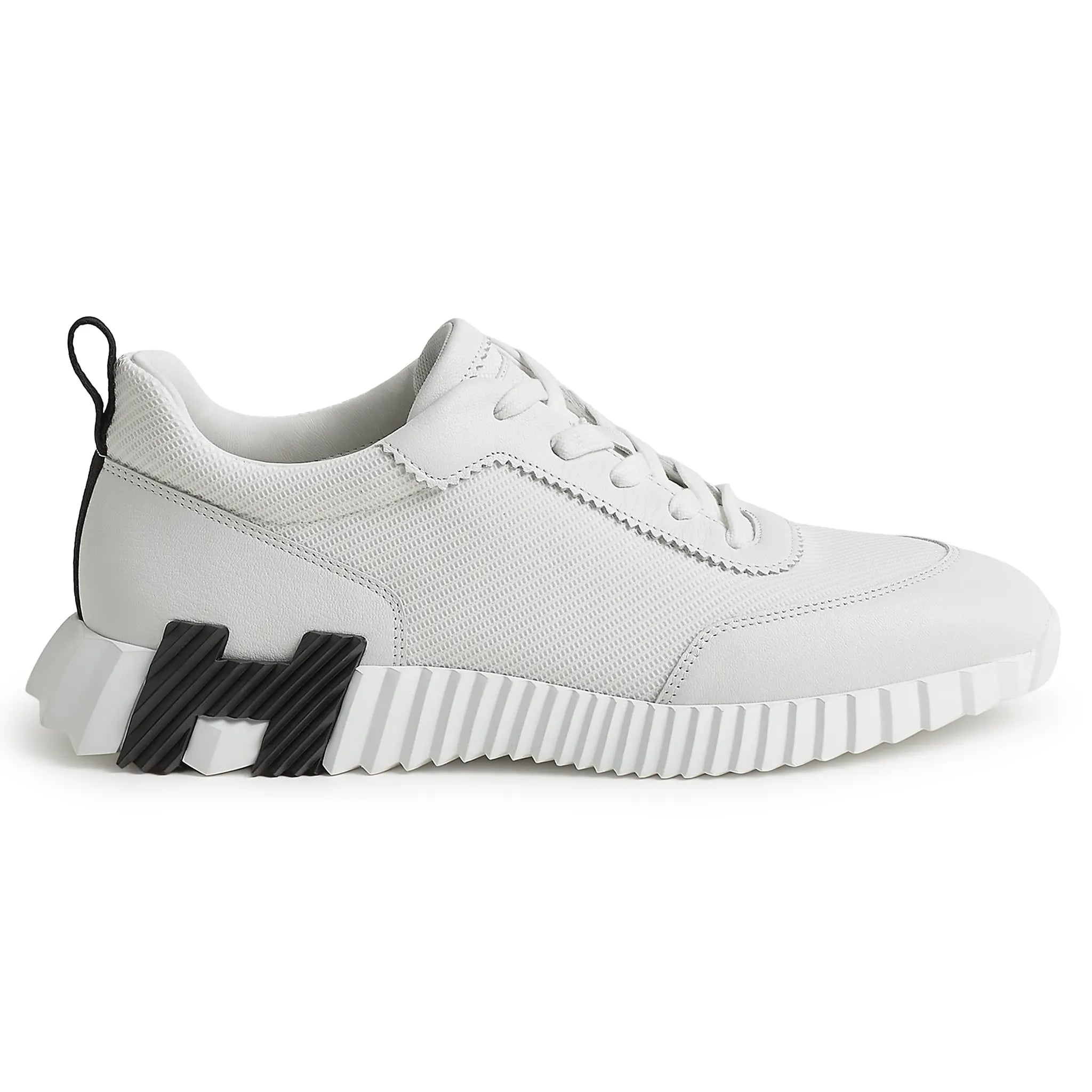 Side View of Hermes Paris Bouncing Mesh Leather Sneaker Blanc H261897ZH90390